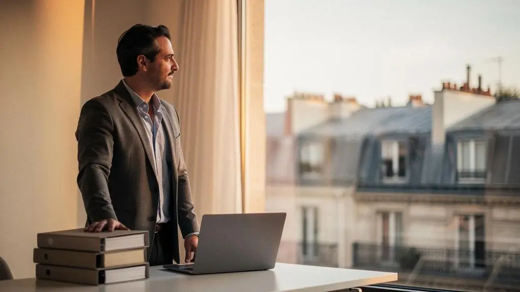 Jeune entrepreneur francais concentre au petit matin dans un espace de travail epure, symbolisant le lancement des 90 premiers jours d'une entreprise