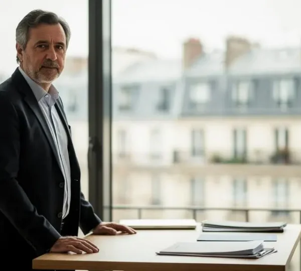 Dirigeant d'entreprise français examinant les documents financiers de son groupe avant une cession stratégique