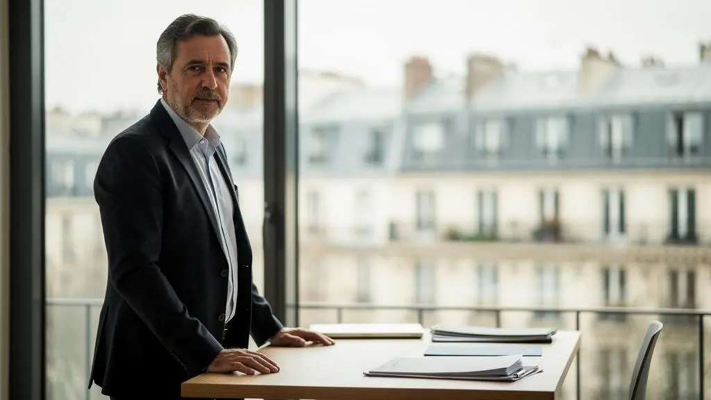 Dirigeant d'entreprise français examinant les documents financiers de son groupe avant une cession stratégique