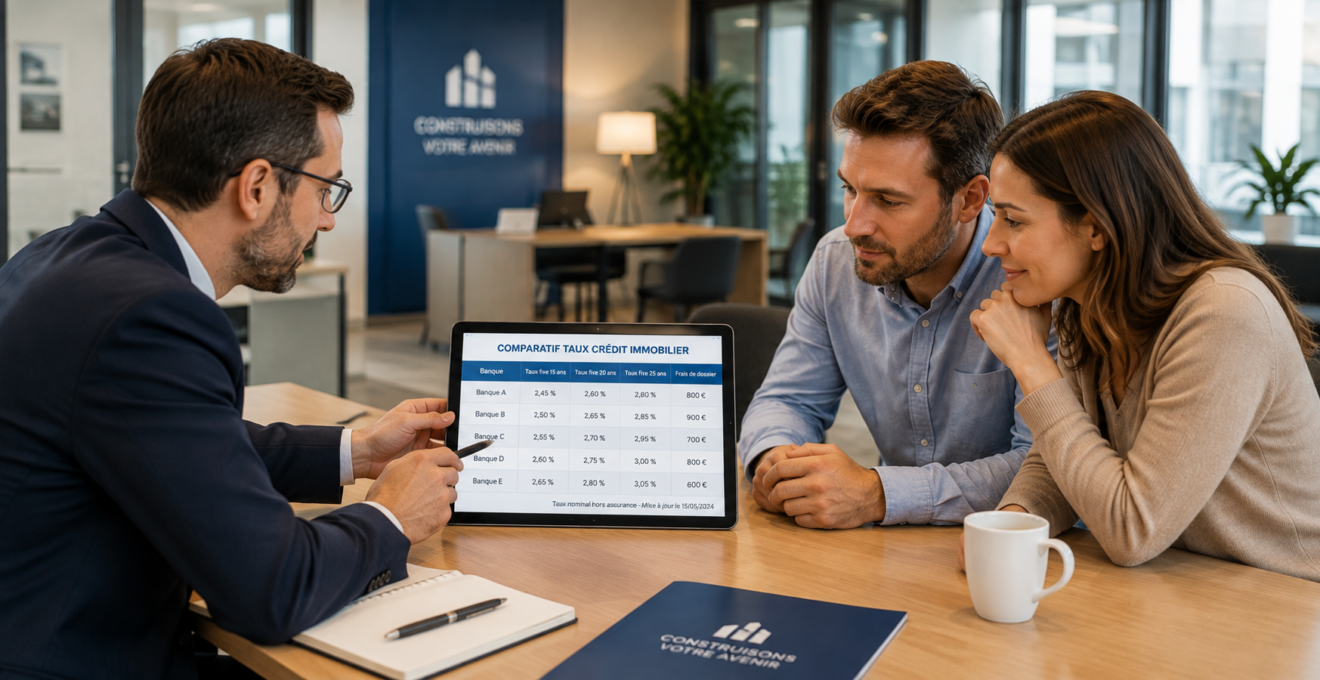 Conseiller bancaire et couple de clients étudiant ensemble un tableau comparatif de taux de crédit immobilier sur tablette dans un bureau moderne