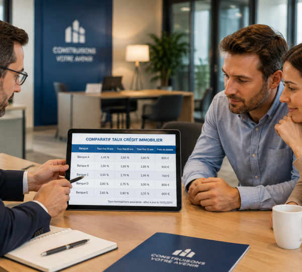 Conseiller bancaire et couple de clients étudiant ensemble un tableau comparatif de taux de crédit immobilier sur tablette dans un bureau moderne