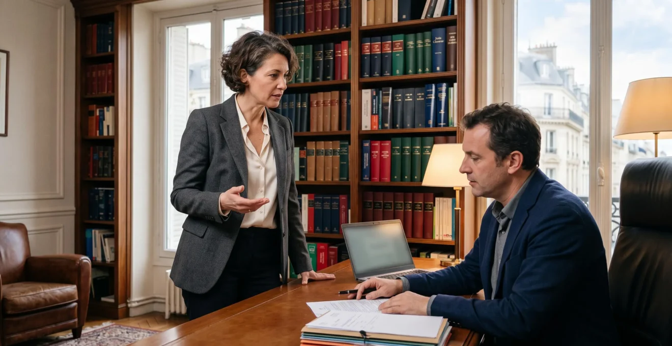 Business lawyer advising entrepreneur in French law office with legal reference library.