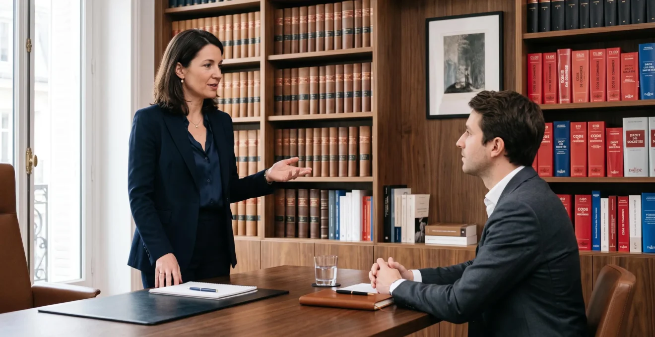 Business lawyer advising entrepreneur in French law office with legal reference library.