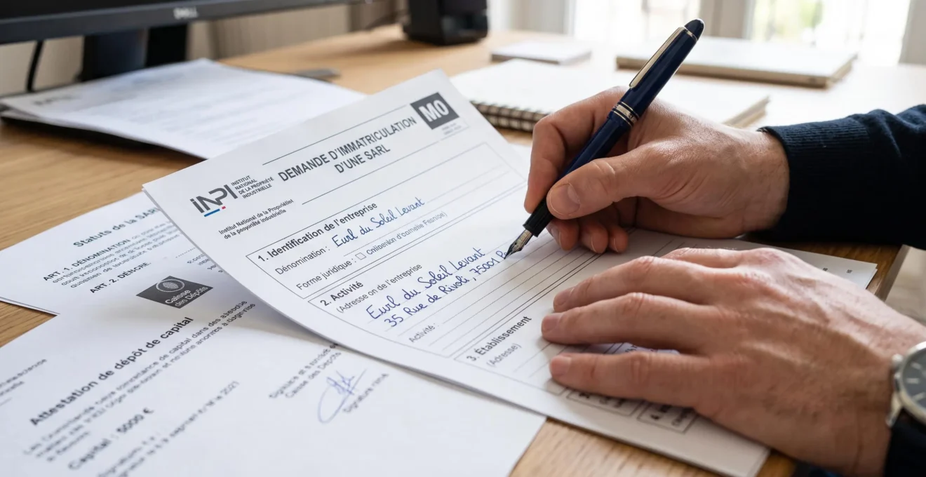 Professional hands completing official SARL registration documents on an organized desk.