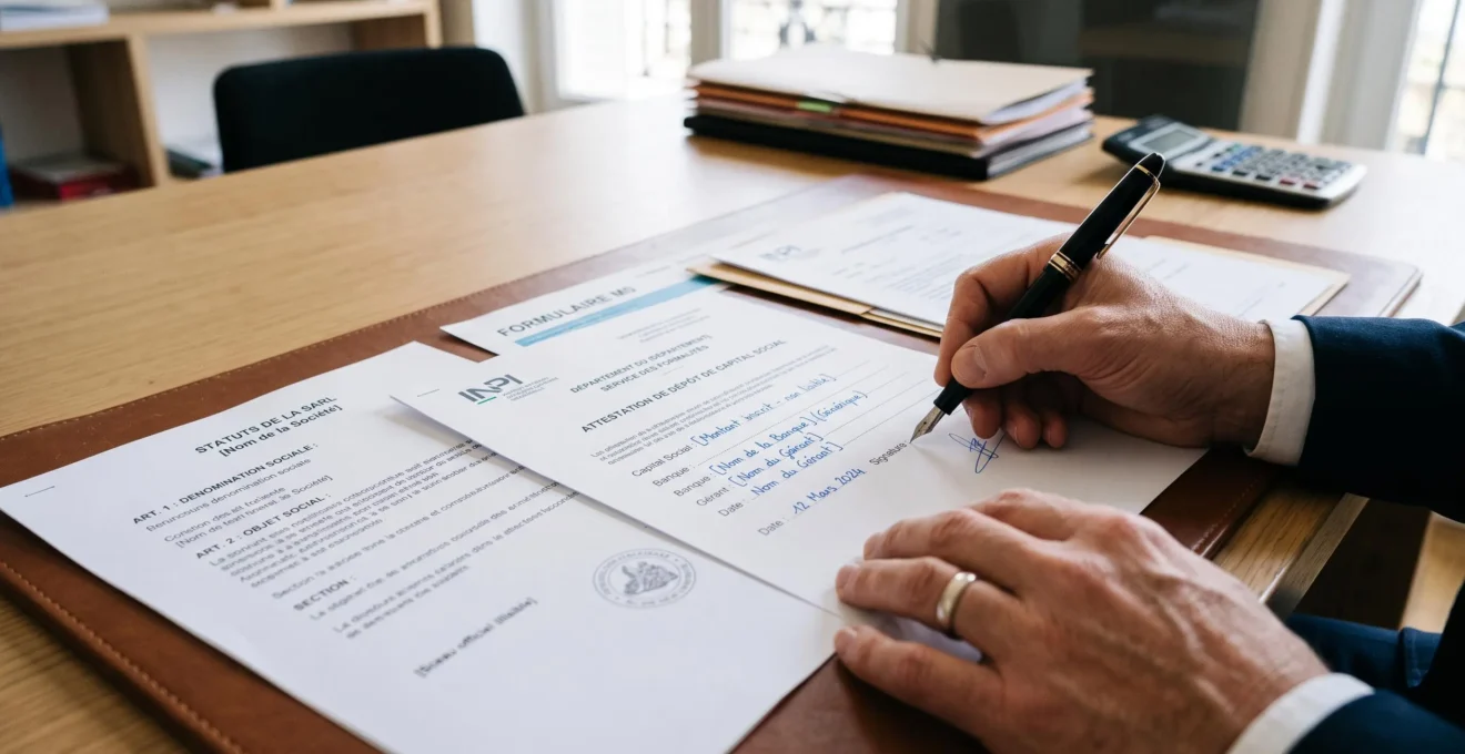 Professional hands completing official SARL registration documents on an organized desk.
