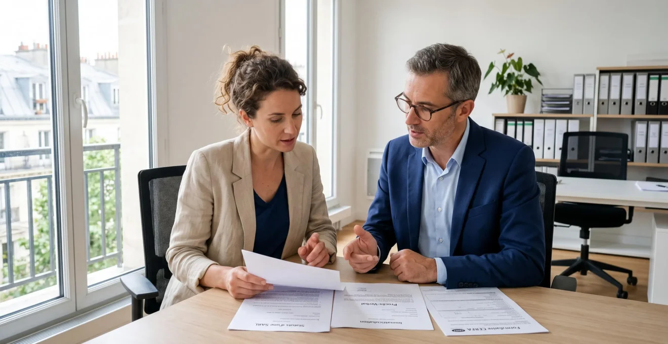 Entrepreneur meeting with accountant examining SARL creation documents in a modern French accounting office.