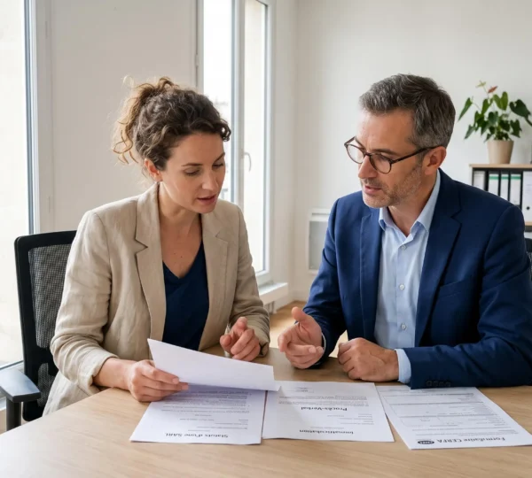 Entrepreneur meeting with accountant examining SARL creation documents in a modern French accounting office.
