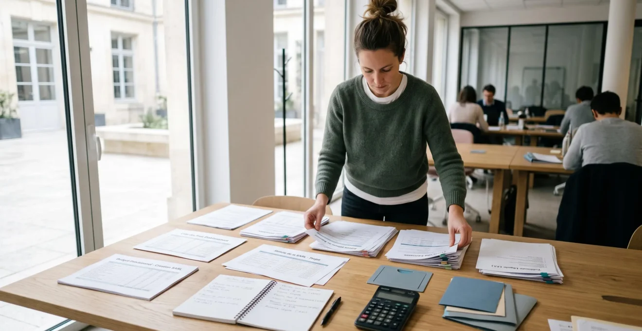 Entrepreneur organizing SARL creation budget documents and cost categories on work table.
