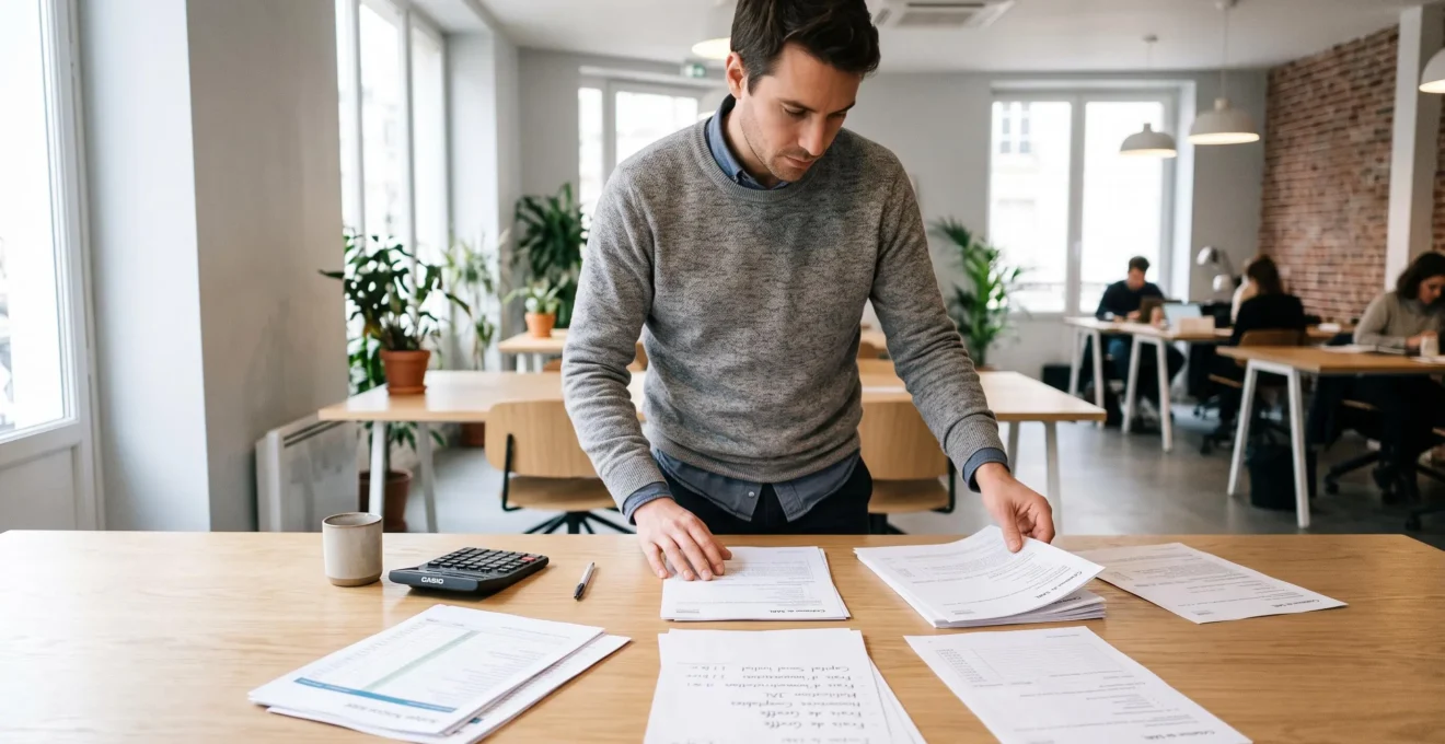 Entrepreneur organizing SARL creation budget documents and cost categories on work table.