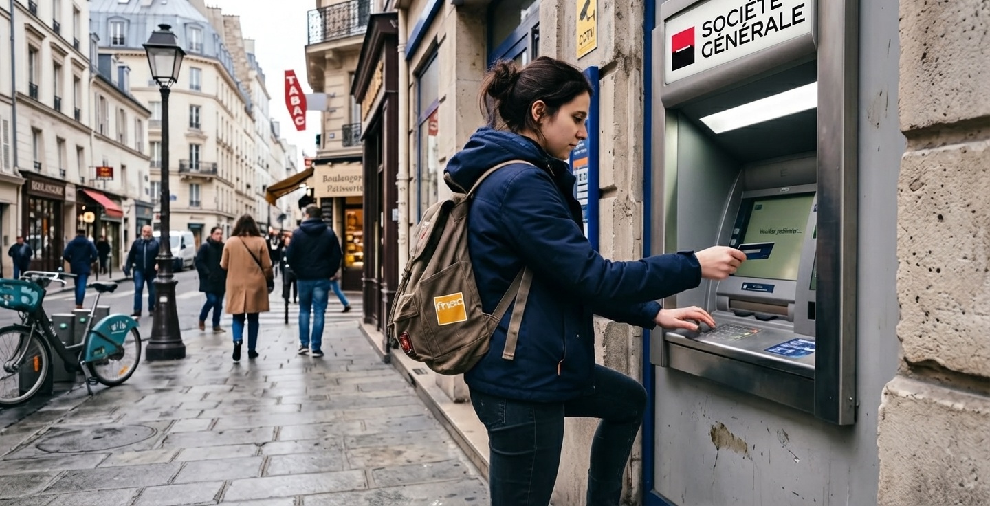 Jeune adulte utilisant un distributeur automatique de billets en milieu urbain