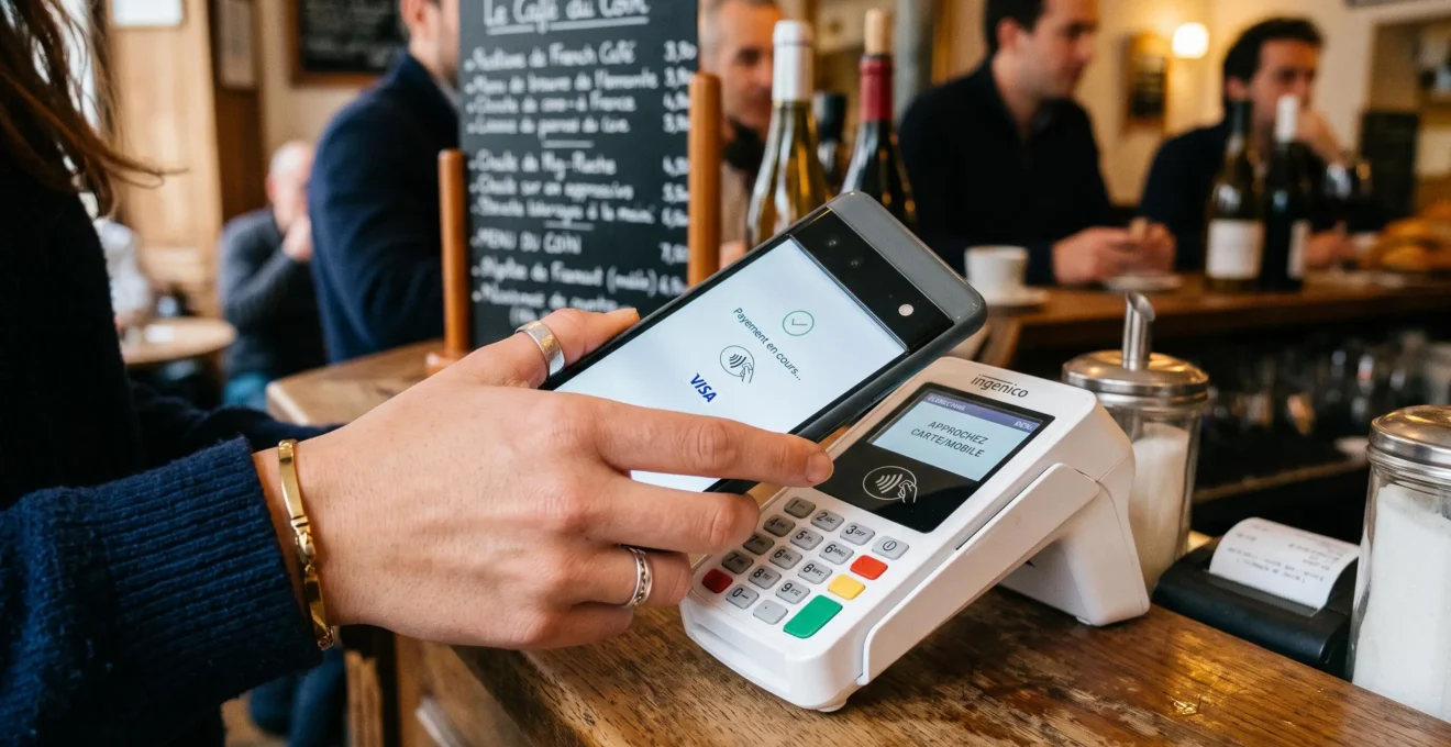 Main tenant un smartphone près d'un terminal de paiement pour un paiement sans contact