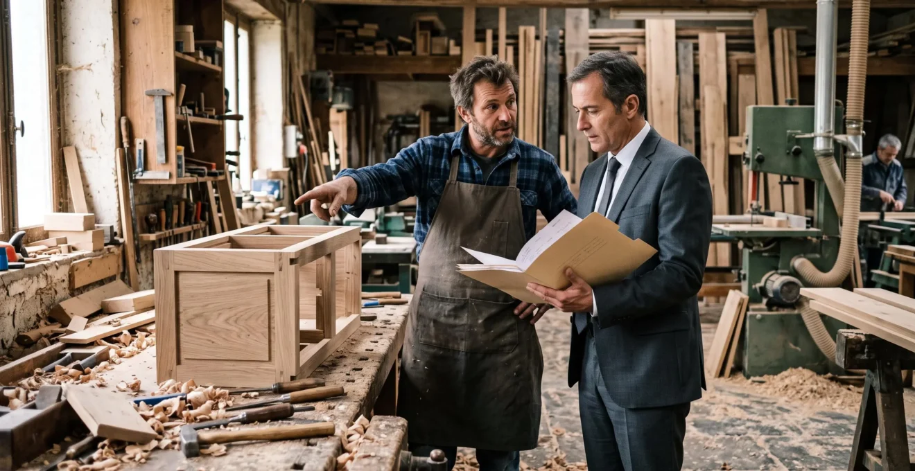 Un artisan menuisier et une banquière examinent un dossier de financement dans son atelier, près d'un établi en bois.