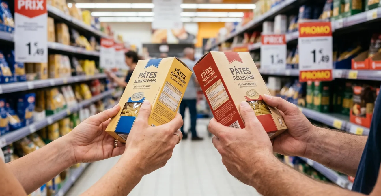Deux mains comparent deux produits alimentaires similaires en examinant leurs étiquettes dans un rayon de supermarché