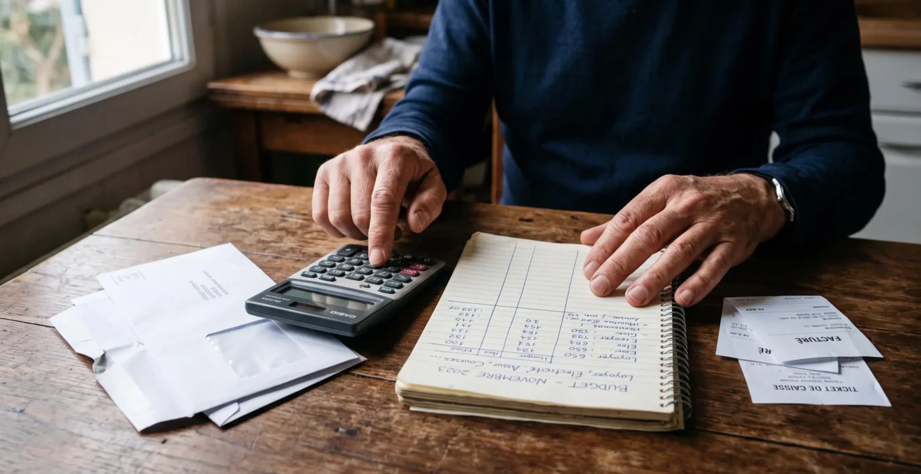 Gros plan sur des mains utilisant une calculatrice pour établir un budget domestique dans un cahier, des factures posées à côté.