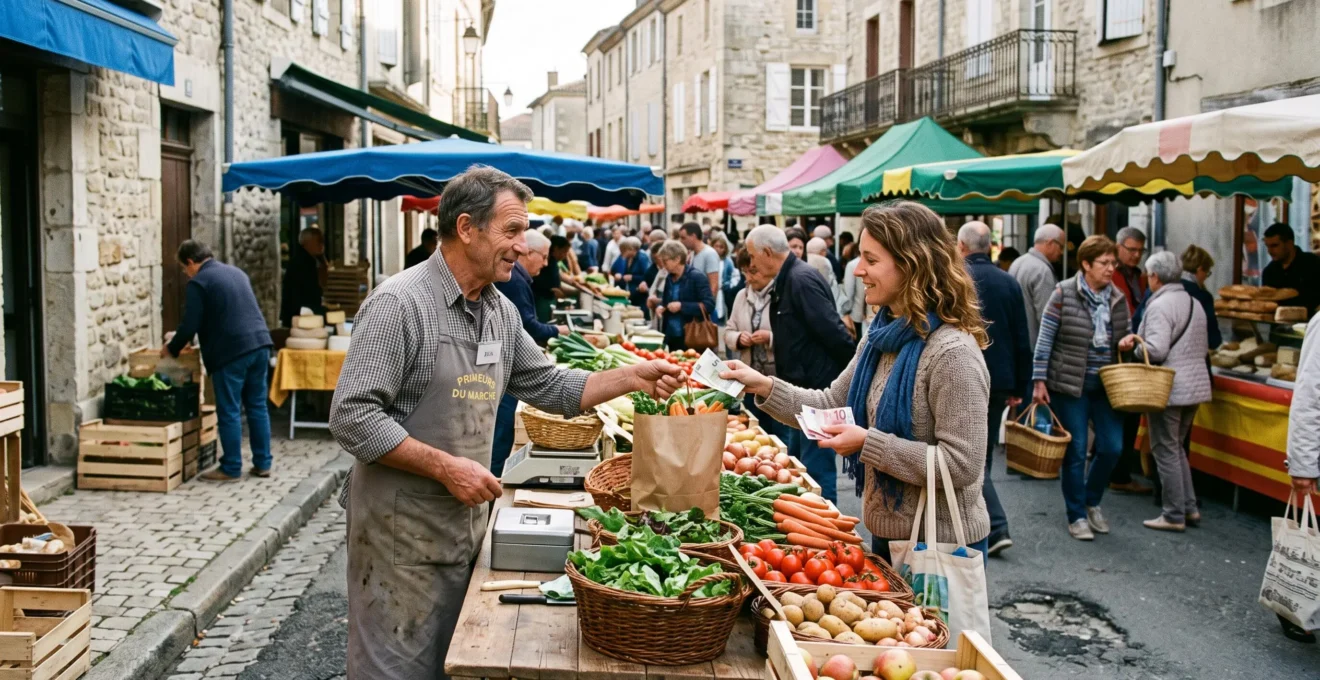 Un commerçant remet un sac de produits frais à une cliente sur un marché de rue en France, contre paiement en espèces.
