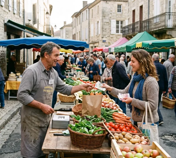 Un commerçant remet un sac de produits frais à une cliente sur un marché de rue en France, contre paiement en espèces.